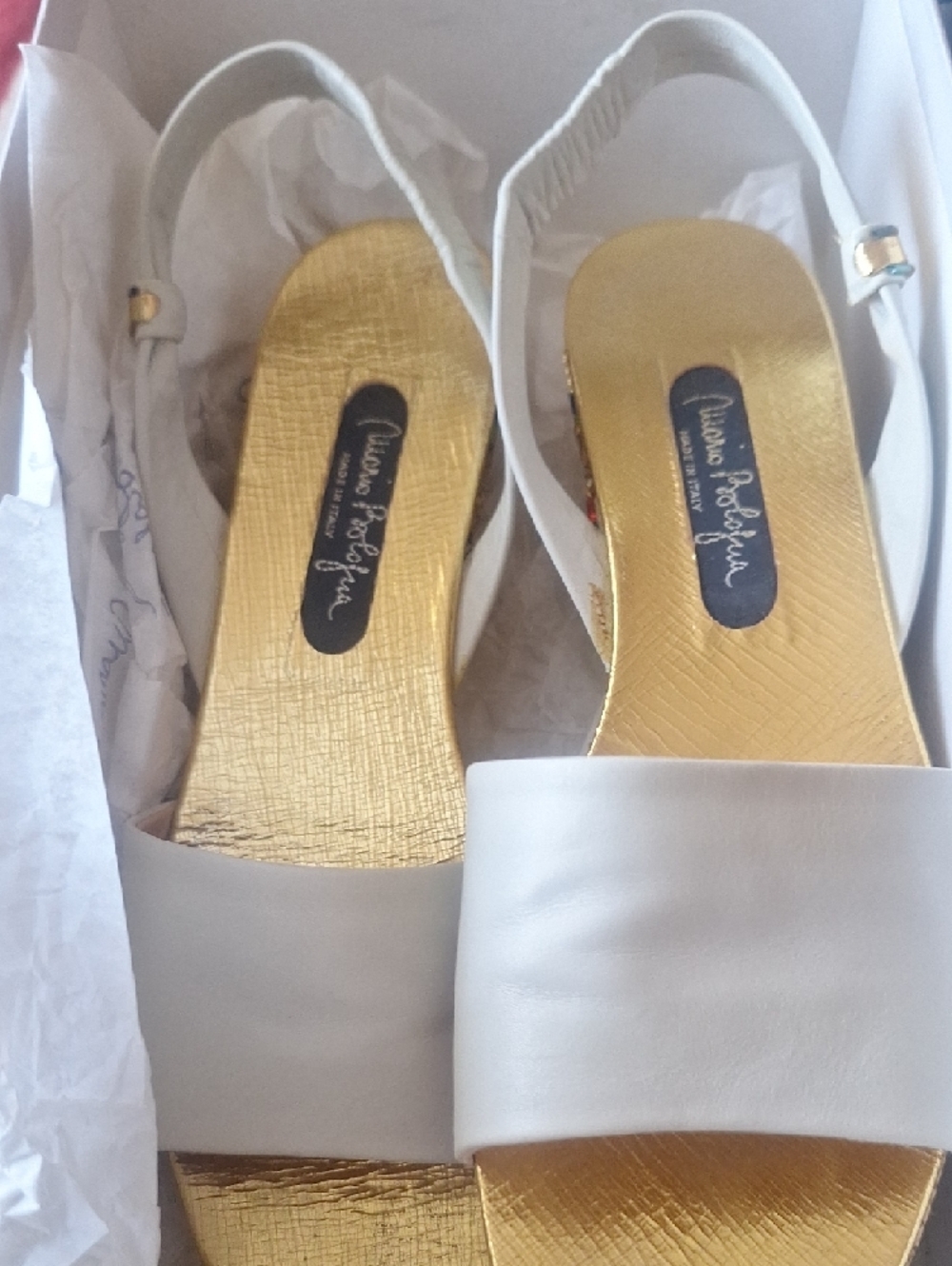 Vtg Mario Bologna Riccione White Leather Cork Wedge Sandals w/ Gold Beads 8 - Picture 5 of 10
